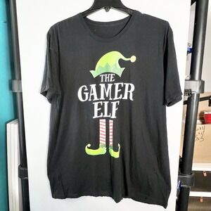 Gamer‎ Elf Mens Size 2XL Black Christmas Graphic T-Shirt Cotton